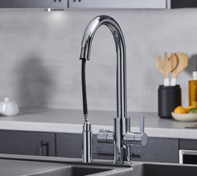 EVO PLATINUM/450 SERIES 4 IN 1 CHROME BOILING WATER MONO DUAL LEVER SWAN NECK PULL-OUT KITCHEN SINK MIXER TAP with SWIVEL SPOUT, BWT451CP EVO PLATINUM/450 SERIES 4 IN 1 CHROME BOILING WATER MONO DUAL LEVER SWAN NECK PULL-OUT KITCHEN SINK MIXER TAP with SWIVEL SPOUT, BWT451CP